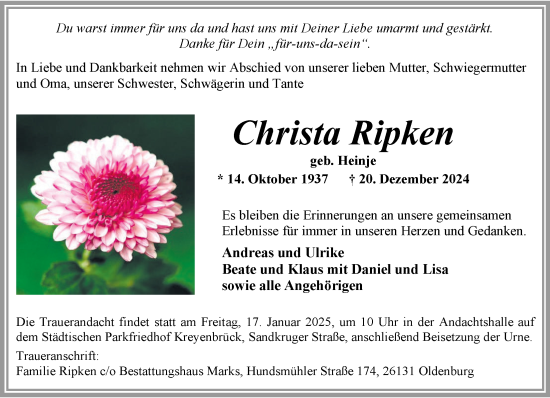 Traueranzeige von Christa Ripken von Nordwest-Zeitung