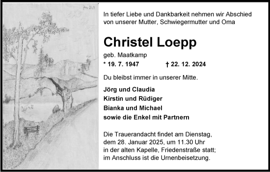 Traueranzeige von Christel Loepp von WZ/JW/AH