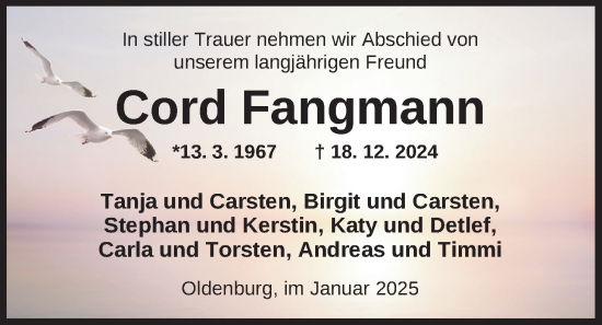 Traueranzeige von Cord Fangmann von Nordwest-Zeitung