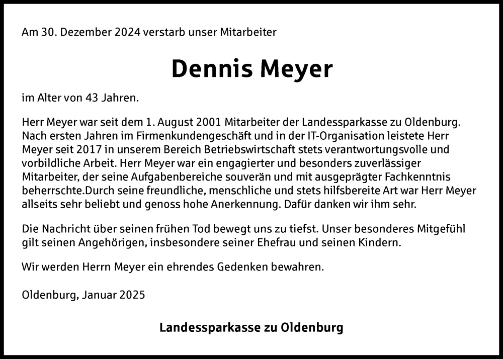  Traueranzeige für Dennis Meyer vom 06.01.2025 aus Nordwest-Zeitung