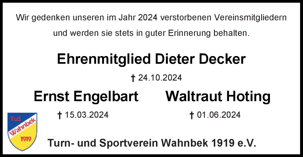  Traueranzeige für Dieter Decker vom 11.01.2025 aus Nordwest-Zeitung