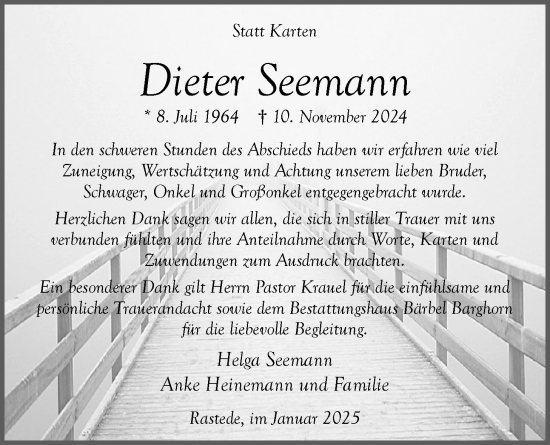 Traueranzeige von Dieter Seemann von Nordwest-Zeitung