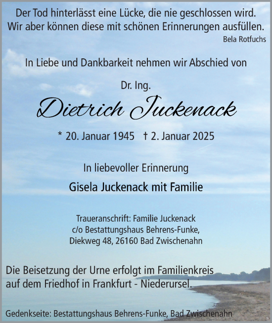 Traueranzeige von Dietrich Juckenack von Nordwest-Zeitung