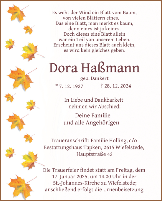 Traueranzeige von Dora Haßmann von Nordwest-Zeitung