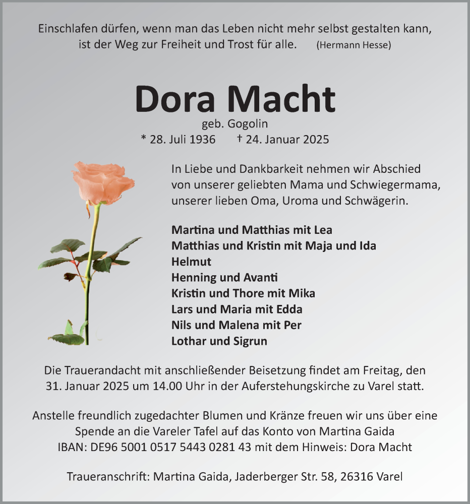  Traueranzeige für Dora Macht vom 28.01.2025 aus Nordwest-Zeitung