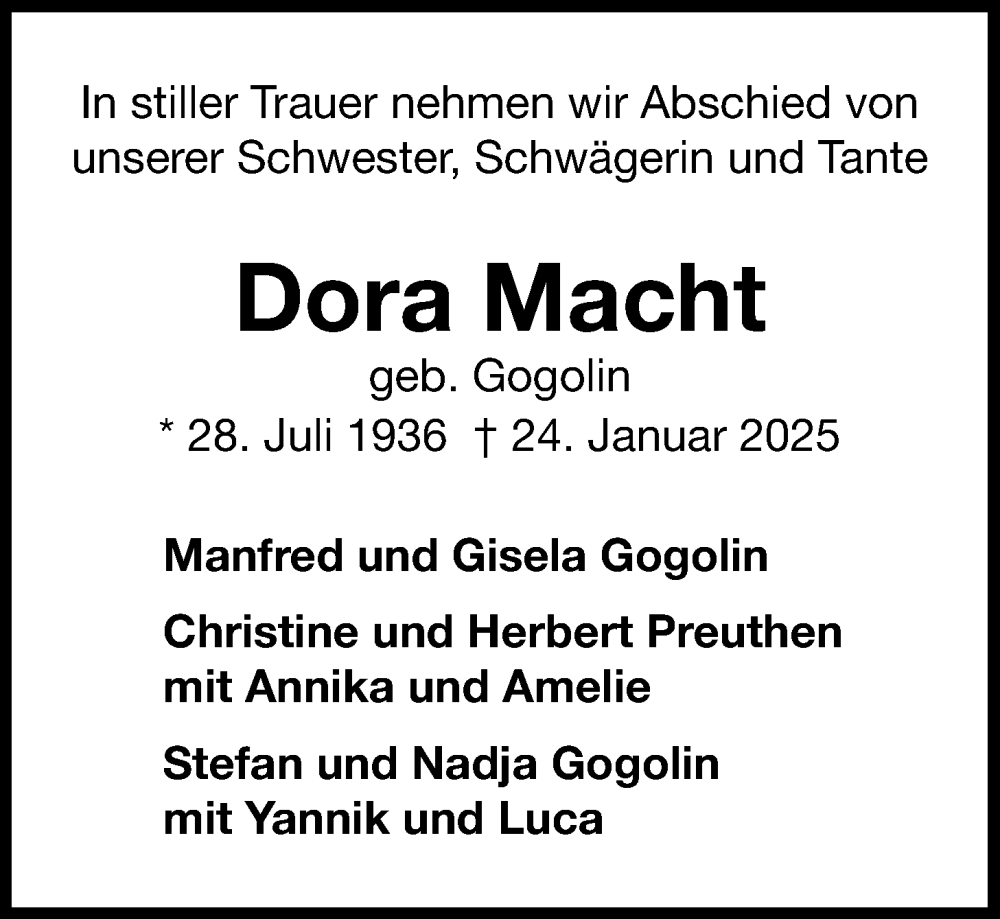  Traueranzeige für Dora Macht vom 28.01.2025 aus Nordwest-Zeitung