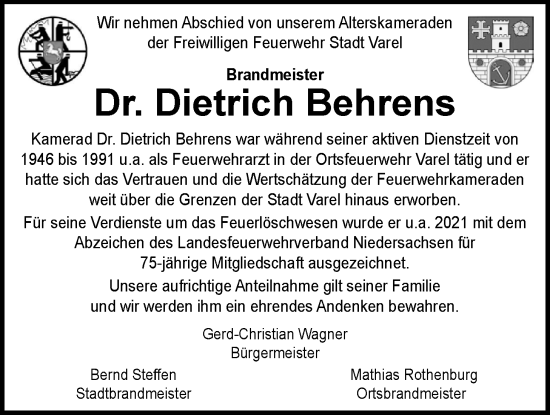 Traueranzeige von Dr. Dieterich Behrens von Nordwest-Zeitung