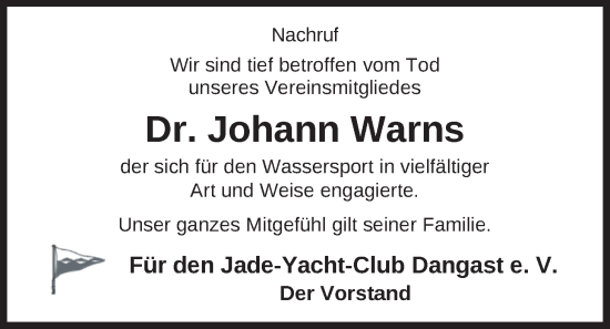 Traueranzeige von Dr. Johann Warns von Nordwest-Zeitung