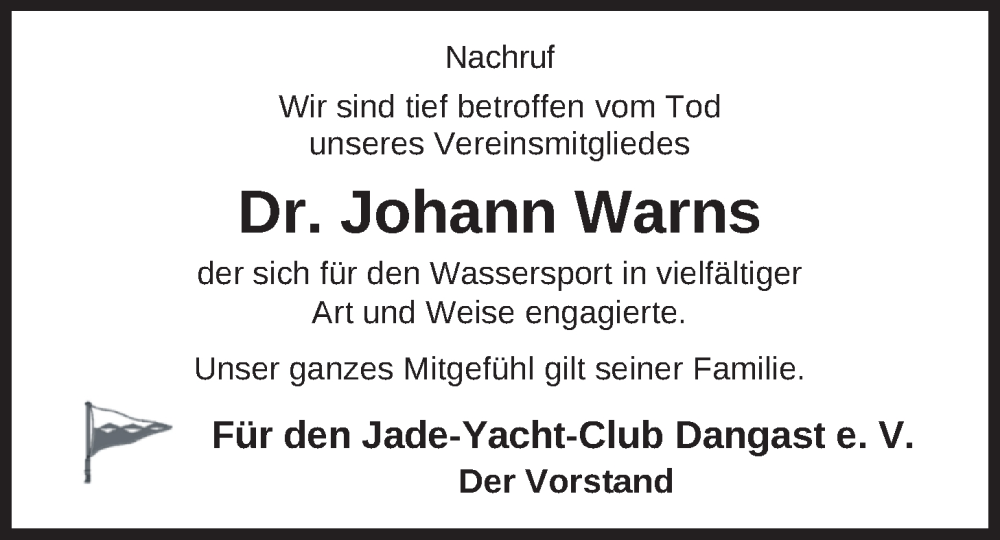  Traueranzeige für Dr. Johann Warns vom 11.01.2025 aus Nordwest-Zeitung