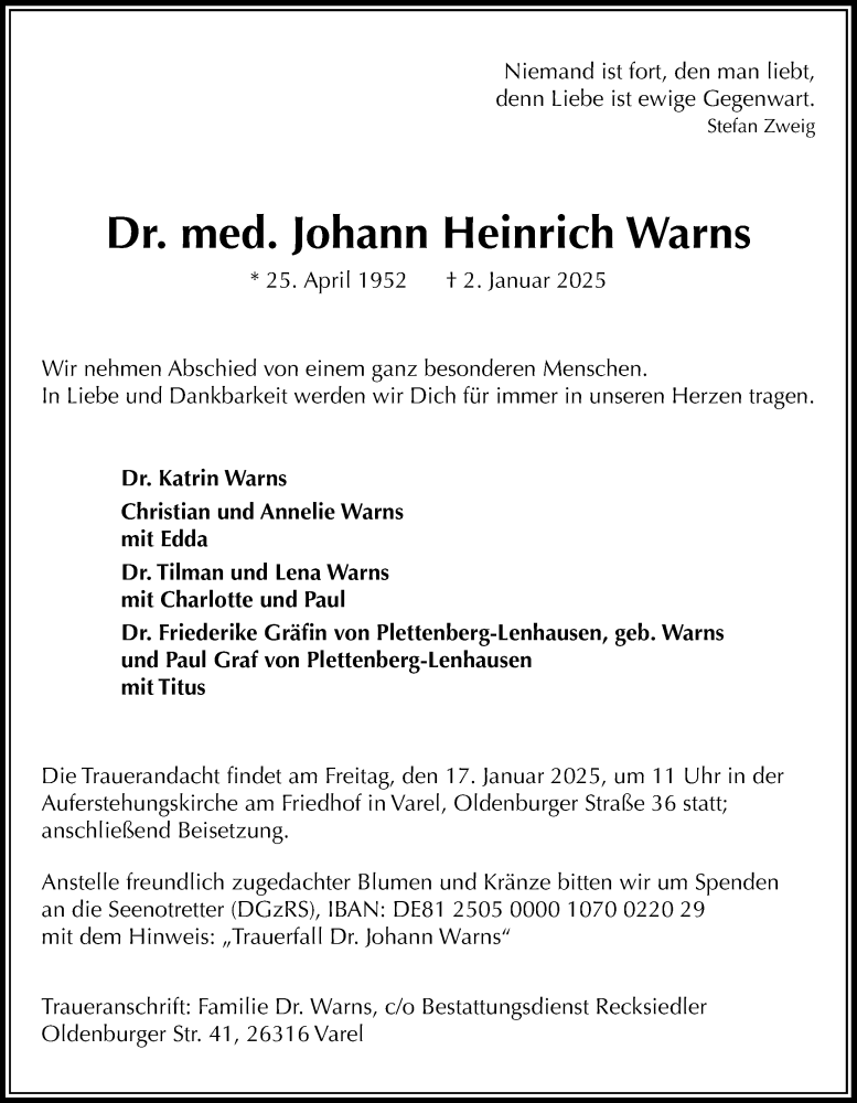  Traueranzeige für Dr. Johann Warns vom 11.01.2025 aus Nordwest-Zeitung