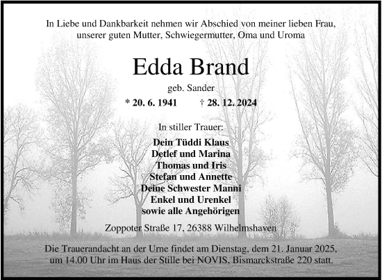 Traueranzeige von Edda Brand von WZ/JW/AH