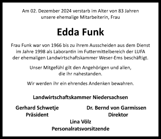 Traueranzeige von Edda Funk von Nordwest-Zeitung