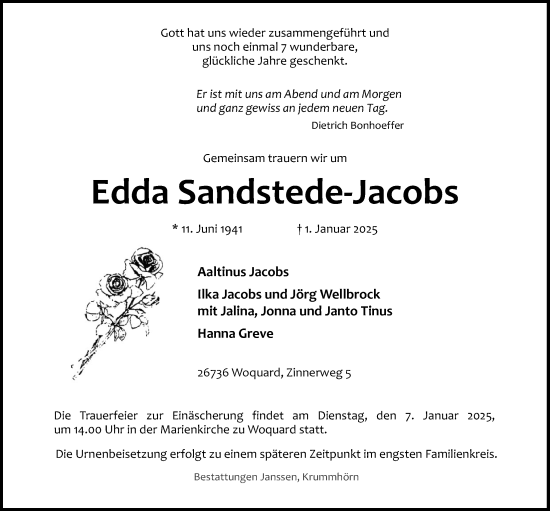 Traueranzeige von Edda Sandstede-Jacobs von Nordwest-Zeitung