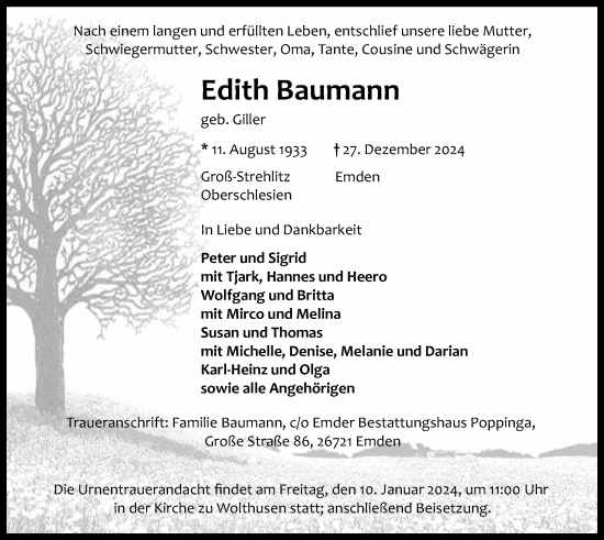 Traueranzeige von Edith Baumann von Emder Zeitung