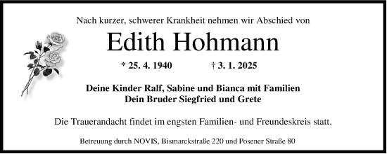 Traueranzeige von Edith Hohmann von WZ/JW/AH