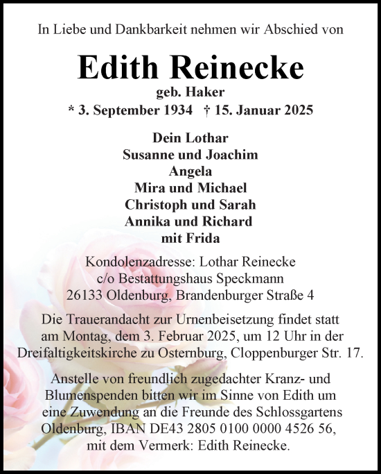 Traueranzeige von Edith Reinecke von Nordwest-Zeitung