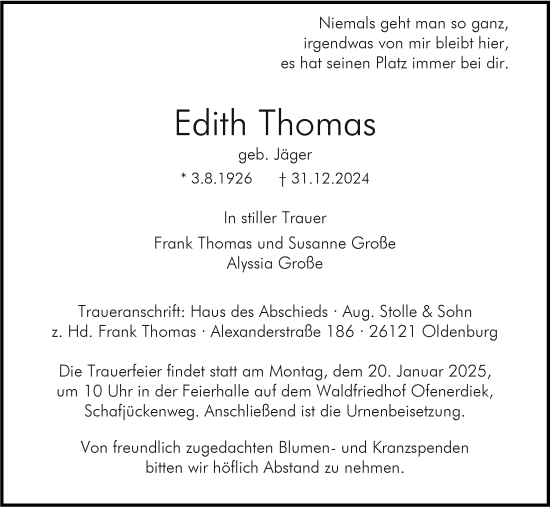 Traueranzeige von Edith Thomas von Nordwest-Zeitung