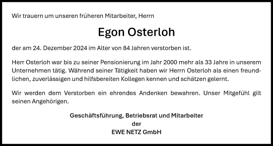 Traueranzeige von Egon Osterloh von Nordwest-Zeitung
