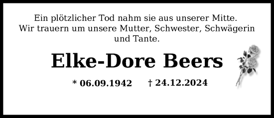 Traueranzeige von Elke-Dore Beers von WZ/JW/AH