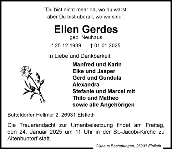 Traueranzeige von Ellen Gerdes von Nordwest-Zeitung