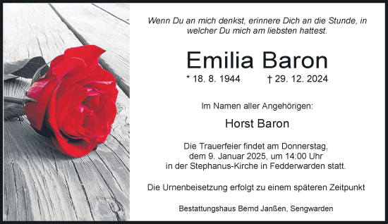 Traueranzeige von Emilia Baron von WZ/JW/AH