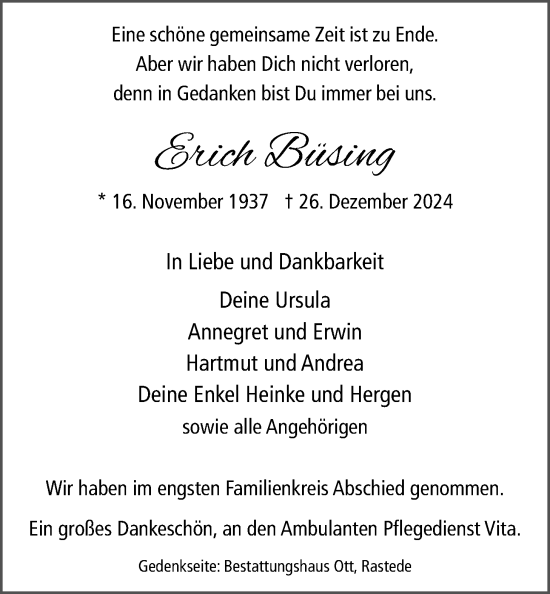 Traueranzeige von Erich Büsing von Nordwest-Zeitung