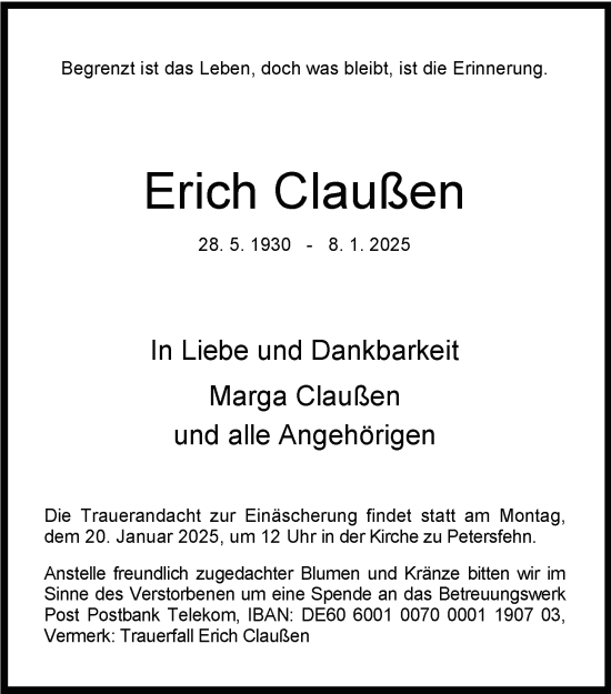 Traueranzeige von Erich Claußen von Nordwest-Zeitung