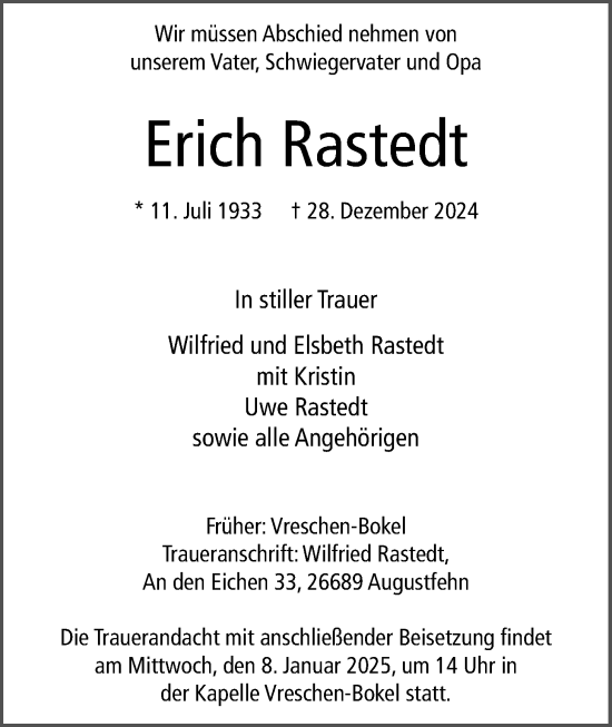 Traueranzeige von Erich Rastedt von Nordwest-Zeitung