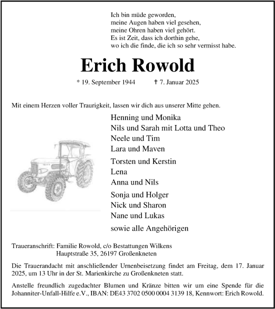 Traueranzeige von Erich Rowold von Nordwest-Zeitung