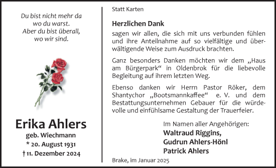 Traueranzeige von Erika Ahlers von Nordwest-Zeitung