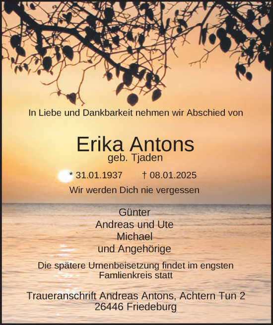 Traueranzeige von Erika Antons von WZ/JW/AH