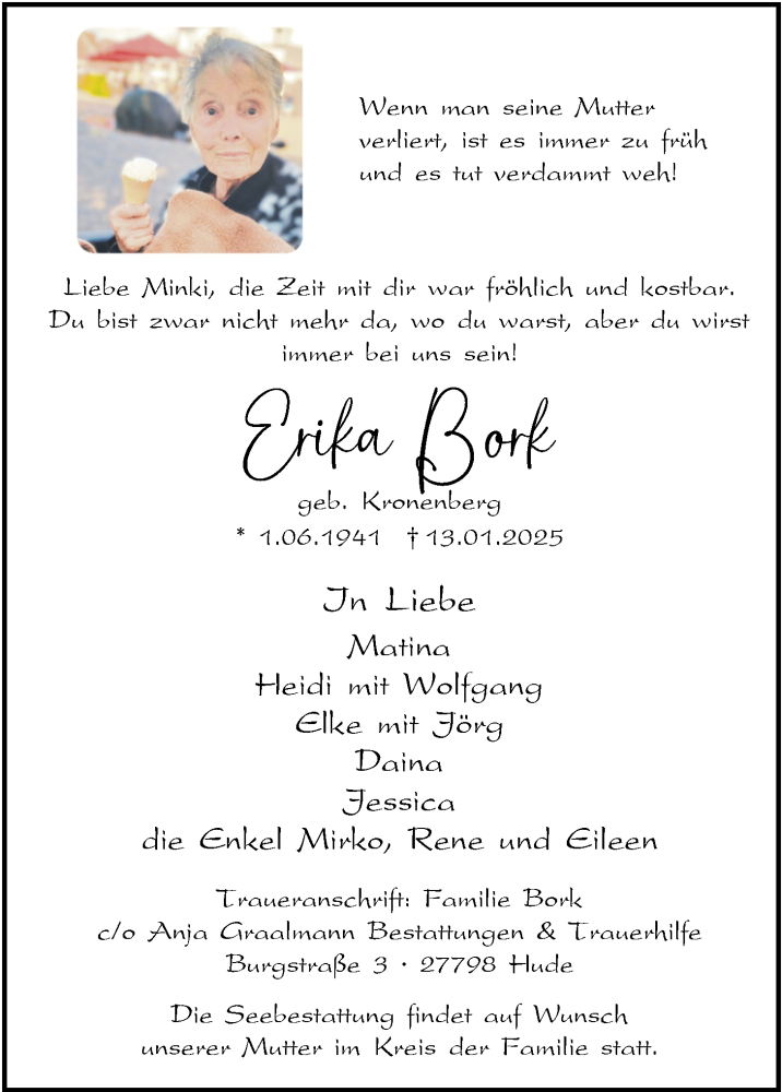  Traueranzeige für Erika Bork vom 18.01.2025 aus Nordwest-Zeitung