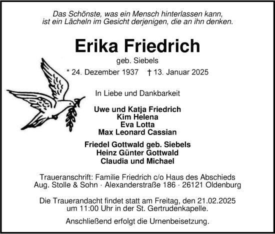 Traueranzeige von Erika Friedrich von WZ/JW/AH