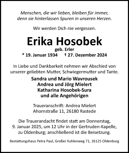 Traueranzeige von Erika Hosobek von Nordwest-Zeitung