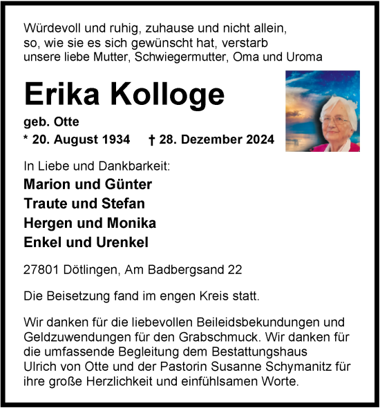 Traueranzeige von Erika Kolloge von Nordwest-Zeitung