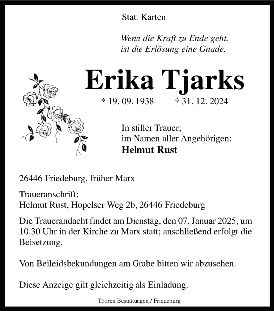 Traueranzeige von Erika Tjarks von WZ/JW/AH