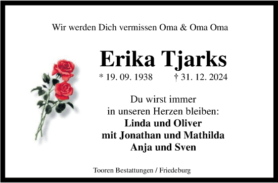 Traueranzeige von Erika Tjarks von WZ/JW/AH