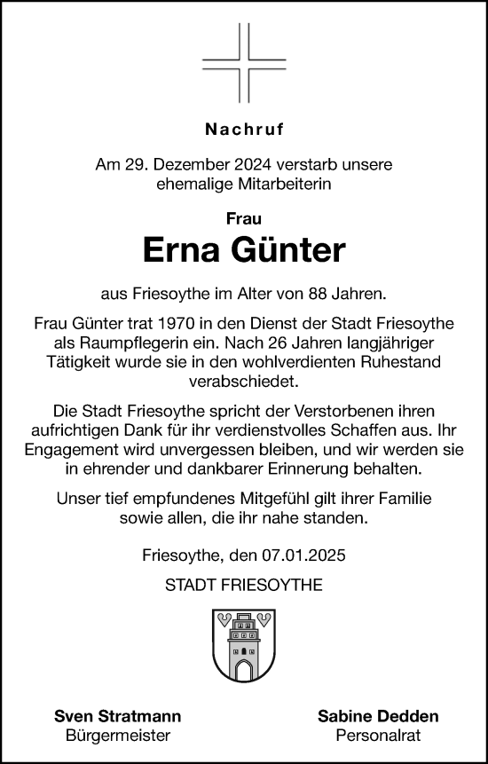 Traueranzeige von Erna Günter von Nordwest-Zeitung