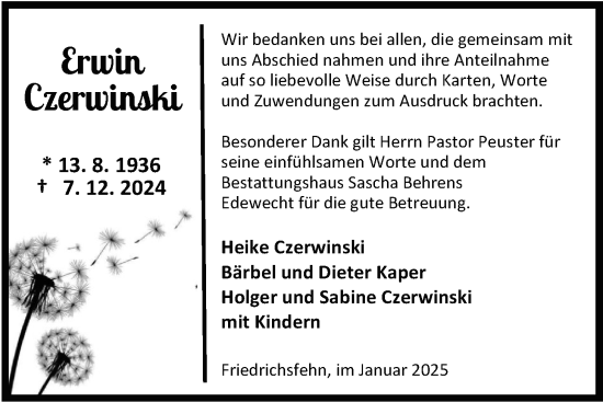 Traueranzeige von Erwin Czerwinski von Nordwest-Zeitung
