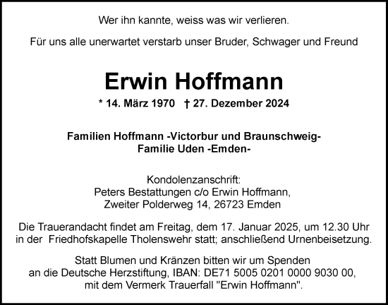 Traueranzeige von Erwin Hoffmann von Emder Zeitung