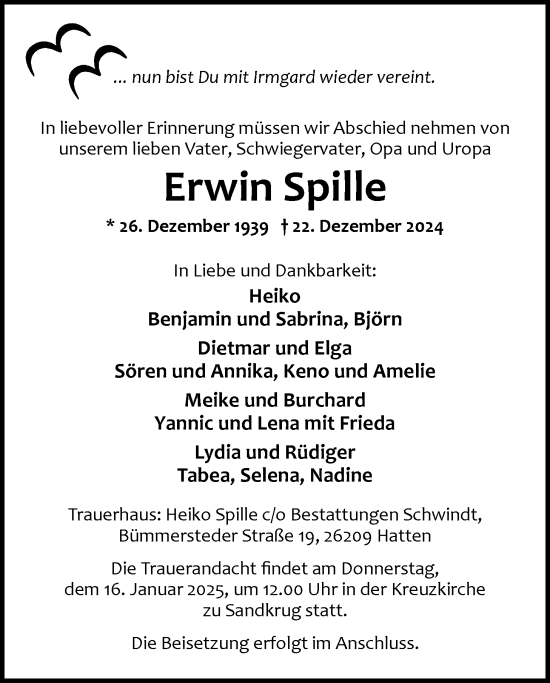 Traueranzeige von Erwin Spille von Nordwest-Zeitung