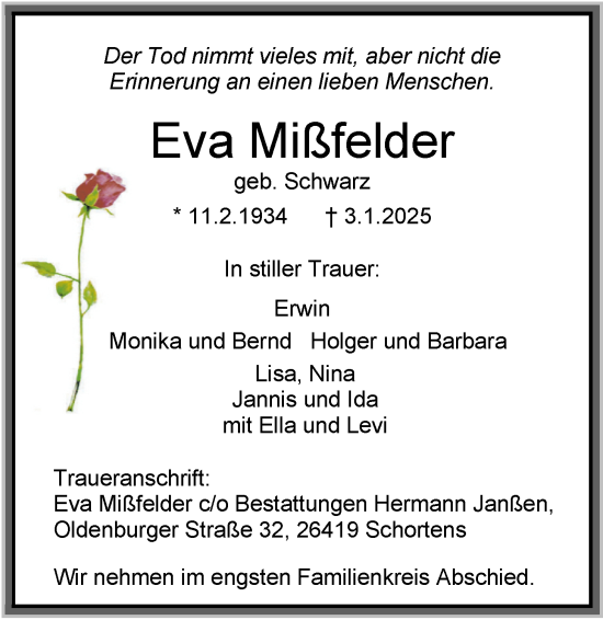 Traueranzeige von Eva Mißfelder von WZ/JW/AH