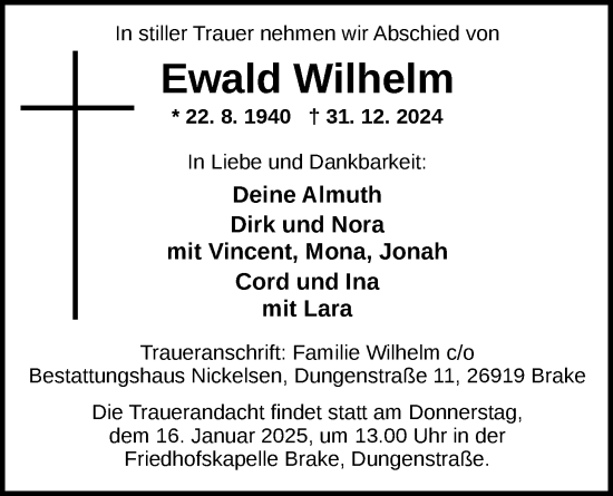 Traueranzeige von Ewald Wilhelm von Nordwest-Zeitung