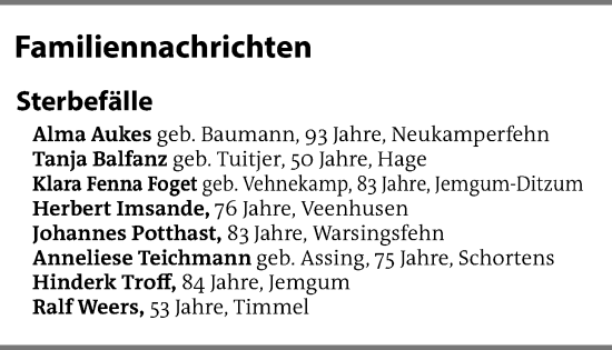 Traueranzeige von Familiennachrichten EZ von Emder Zeitung