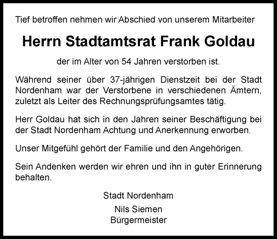 Traueranzeige von Frank Goldau von Nordwest-Zeitung