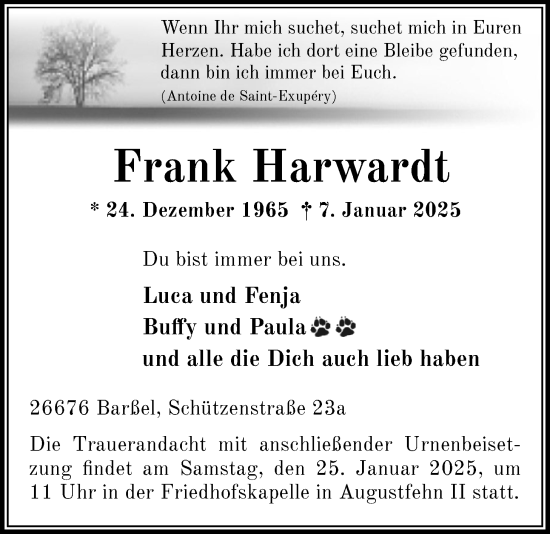 Traueranzeige von Frank Harwardt von Nordwest-Zeitung