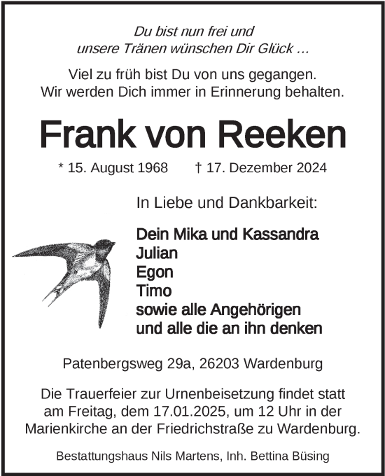 Traueranzeige von Frank von Reeken von Nordwest-Zeitung