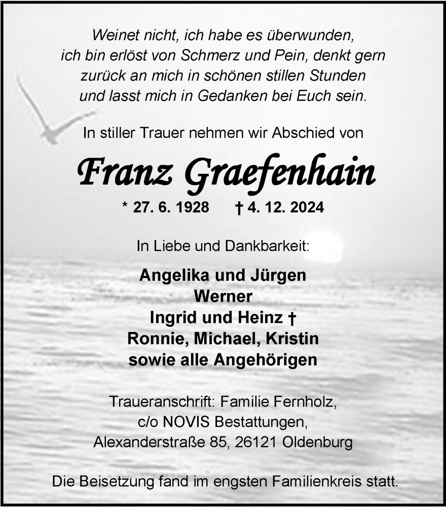  Traueranzeige für Franz Graefenhain vom 25.01.2025 aus Nordwest-Zeitung