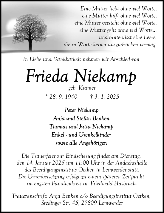 Traueranzeige von Frieda Niekamp von Nordwest-Zeitung