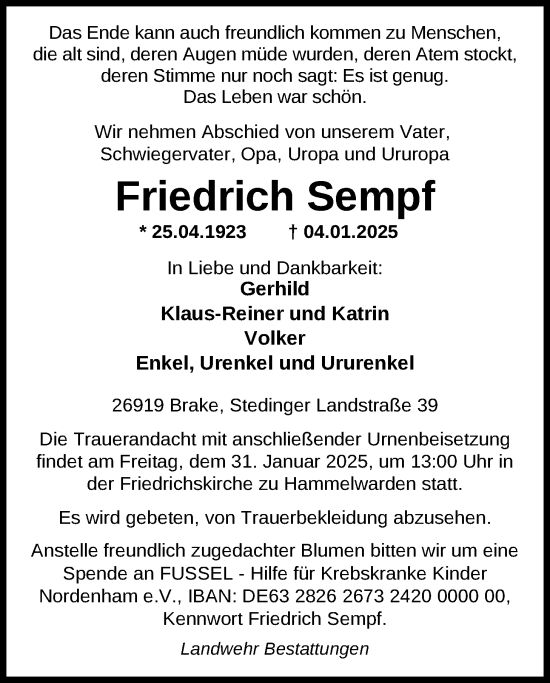 Traueranzeige von Friedrich Sempf von Nordwest-Zeitung